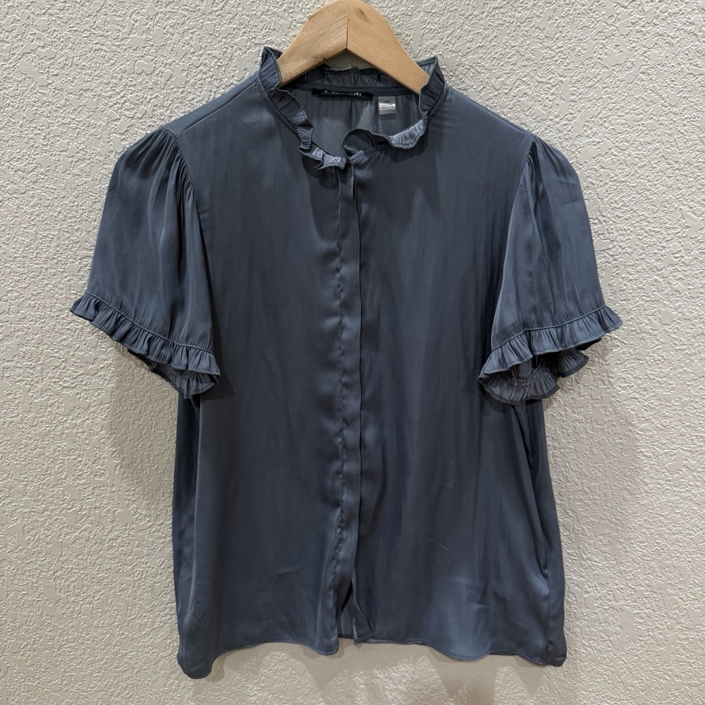 T Tahari Dusty Slate Blue Ruffle Neck Flutter Sleeve Satin Button Up Blouse - S